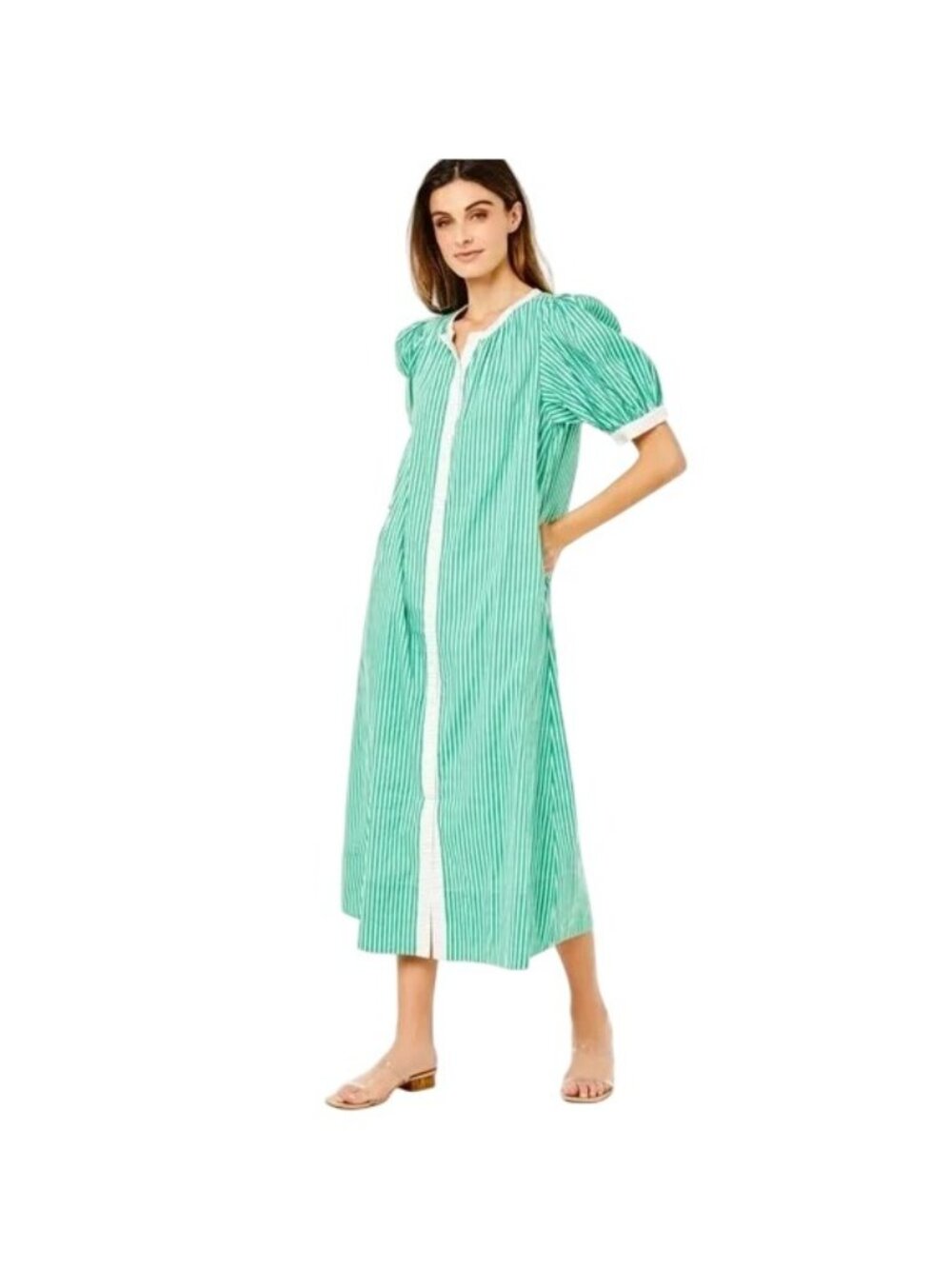 Addison Bay Green Pink Striped Cabana Button Down Casual Maxi Dress Womens Small